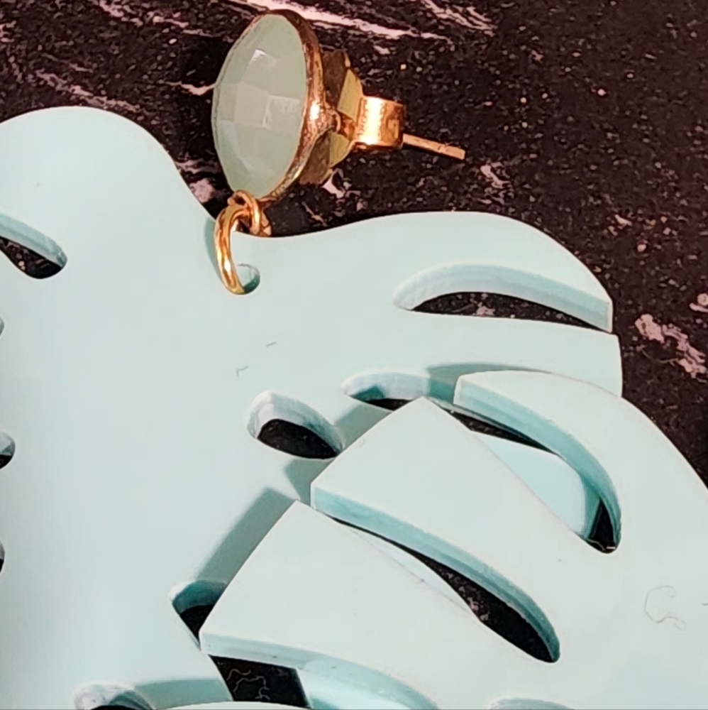 Sugar Monstera Aqua Leaf Statement Earrings Made … - image 2